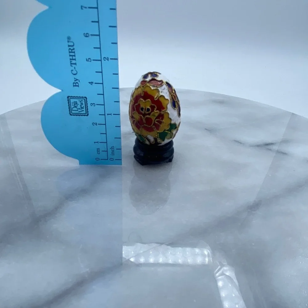Cloisonne Enamel Floral Miniature Decorative Egg White Red Gold Stand Art Easter